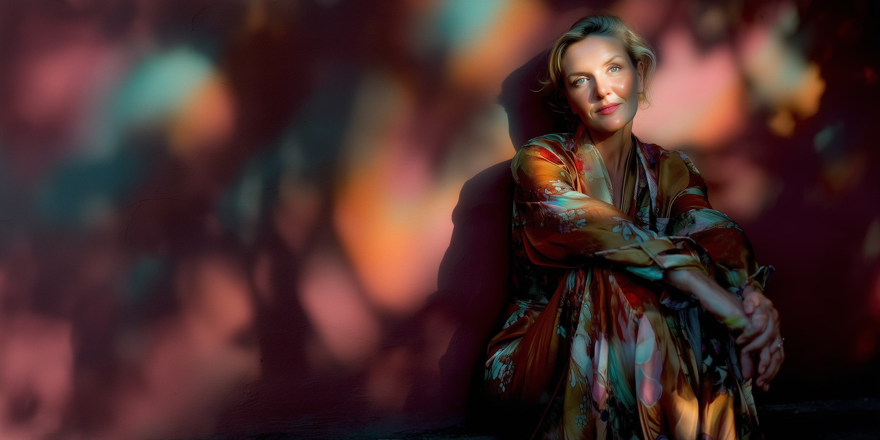 Christine sitting outdoors in natural warm light