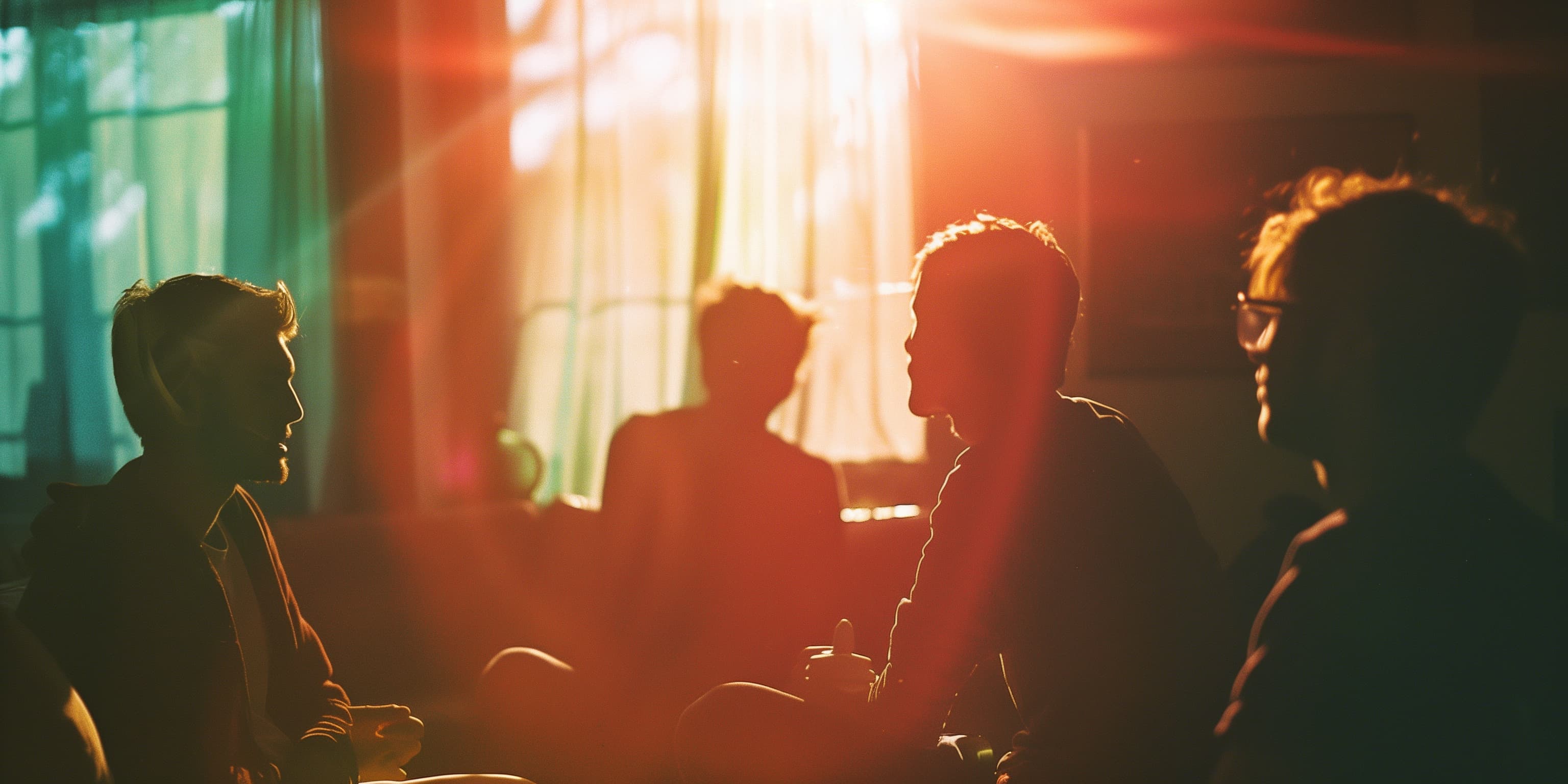 A small group gathered in a warm softly lit room in quiet focused attention