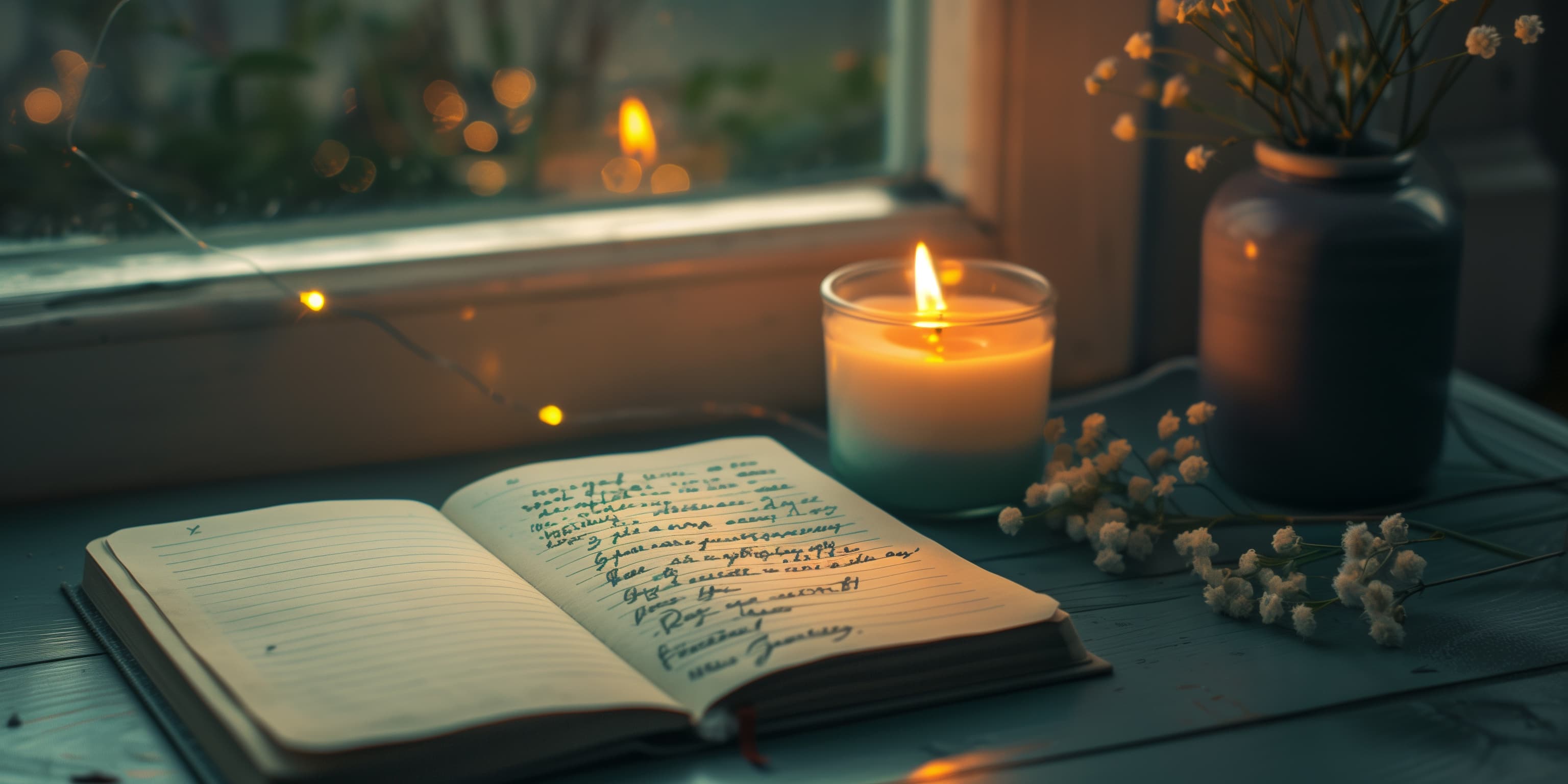 Handwriting in ink on paper beside a candle and an open book