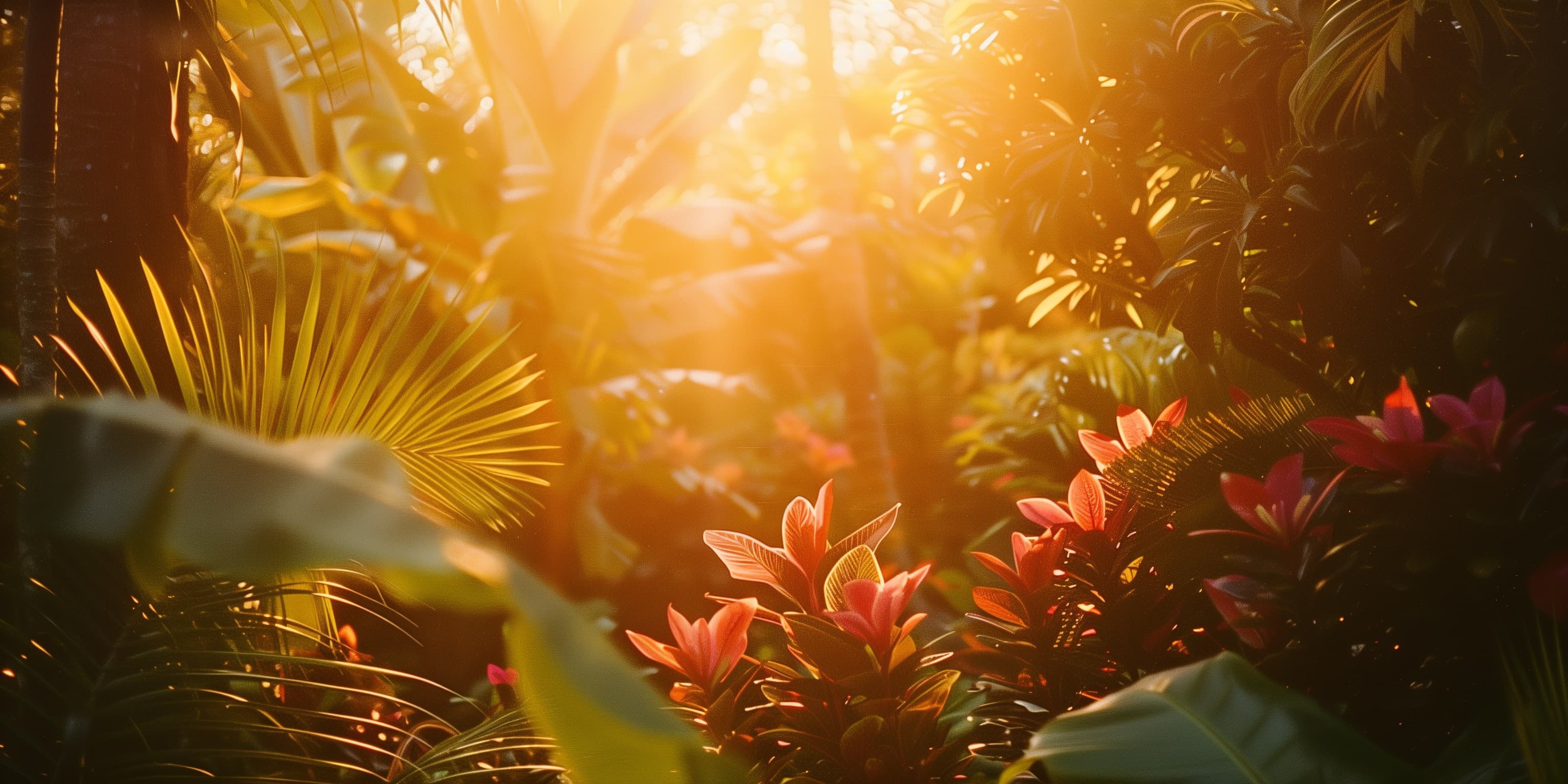 A lush tropical garden in golden late-afternoon light