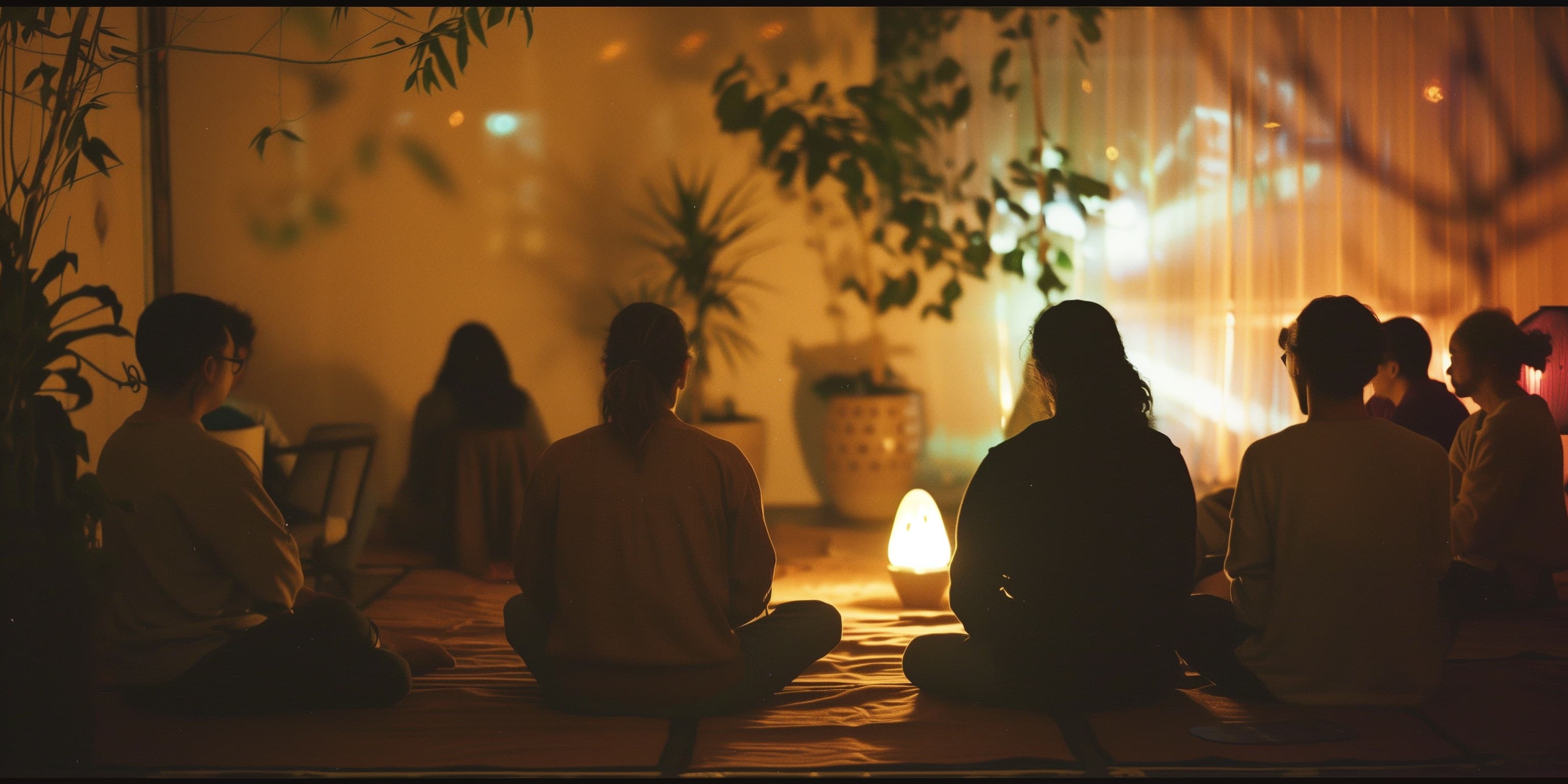 A small gathering of people sitting together in a warm room at dusk
