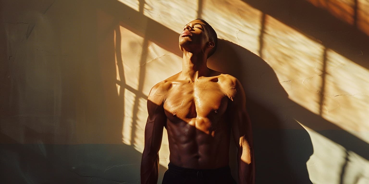 A person standing in an expansive open-chested posture in warm light
